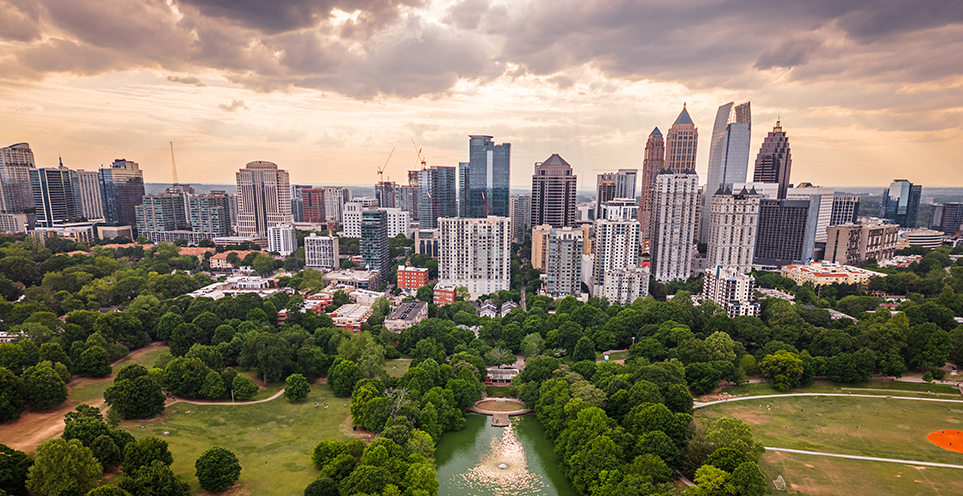 A view of Atlanta Georgia skyline over Piedmont Park
